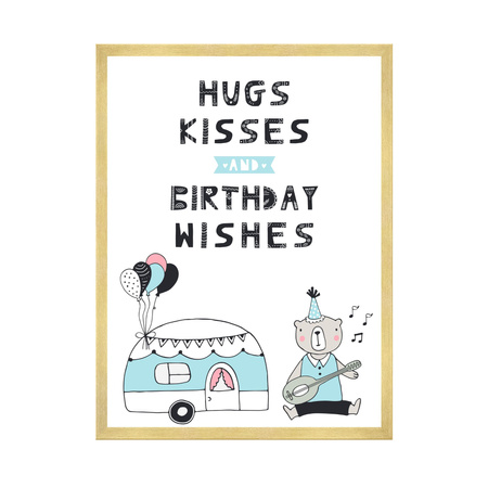 Plakat Urodzinowy Hugs kisses 21X29,7 cm + ramka złota