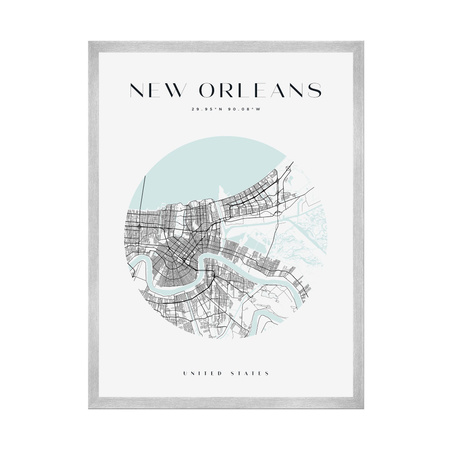 Plakat Mapa miasta New Orleans koło 24X30 cm + ramka srebrna