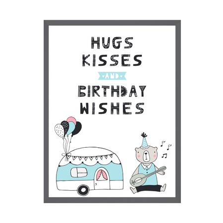 Plakat Urodzinowy Hugs kisses 24X30 cm + ramka kamienna szarość