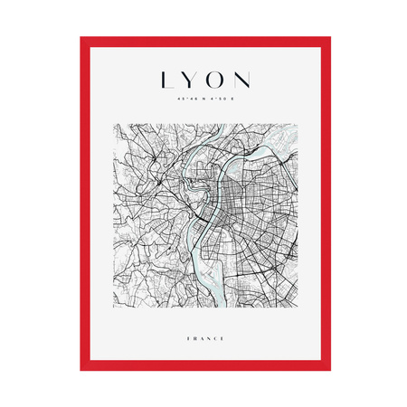 Plakat Mapa miasta Lyon kwadrat 30X40 cm + ramka czerwona